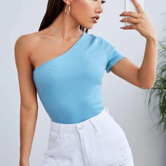 Tops - Blue One Shoulder Ribbed Knit Spring Top